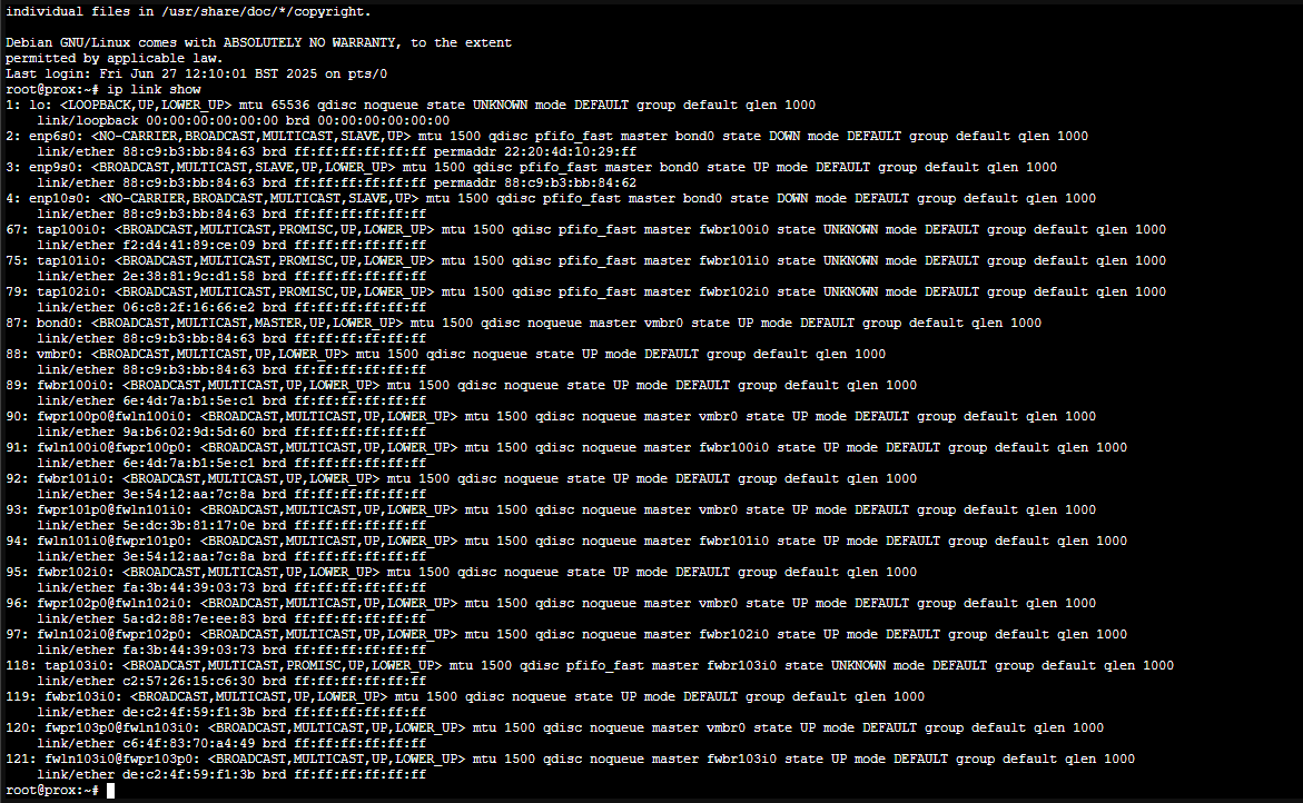Running ip show link on proxmox to know how to go about creating linux bridge